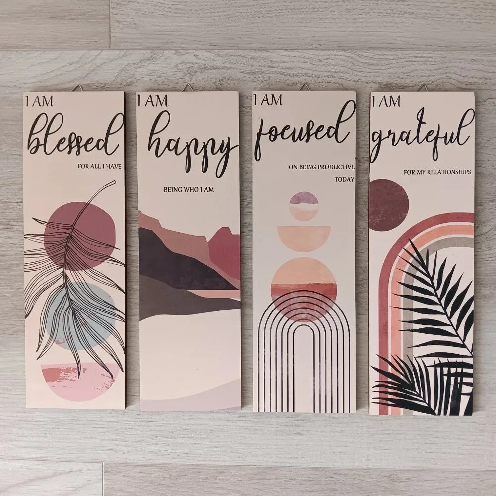 New Inspirational Wall Art Set of 4 Blessed Happy Focused Grateful Wood 11